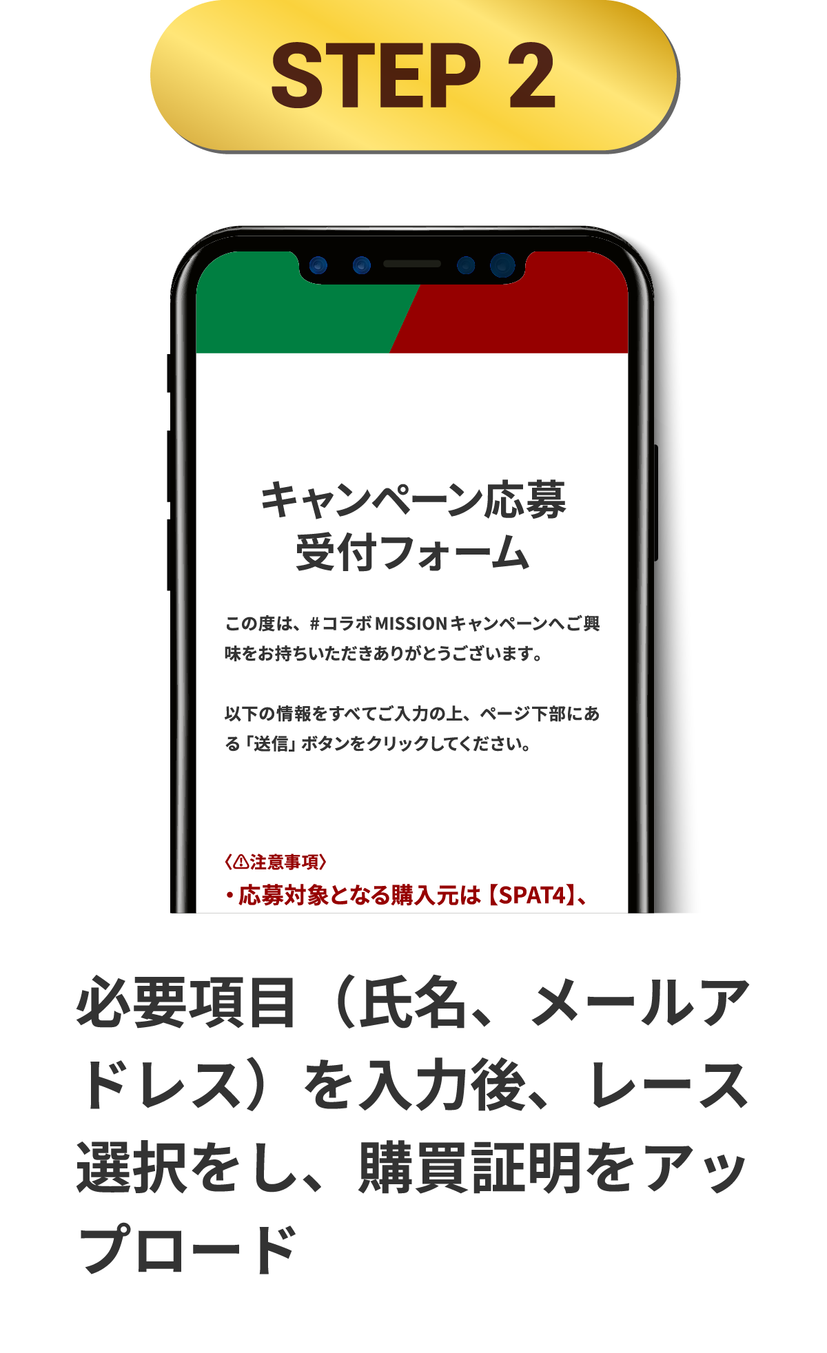 STEP 2 必要項目（氏名、メールアドレス）を入力後、レース選択をし、購買証明をアップロード